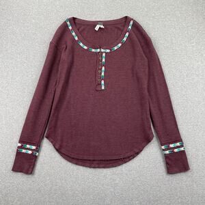 Free People Thermal Henley Top Small Burgundy Wine Embroidered Rainbow Trim Boho